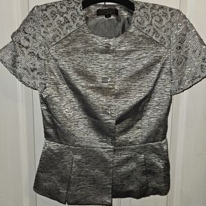 Tahari silver vintage peplum style short sleeve jacket w/ gem stone buttons